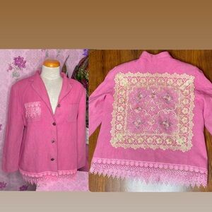 🎀🌷100% Linen Pink Floral Embroidered Lace Back Vintage Upcycled Nygard Jacket 🌷🎀